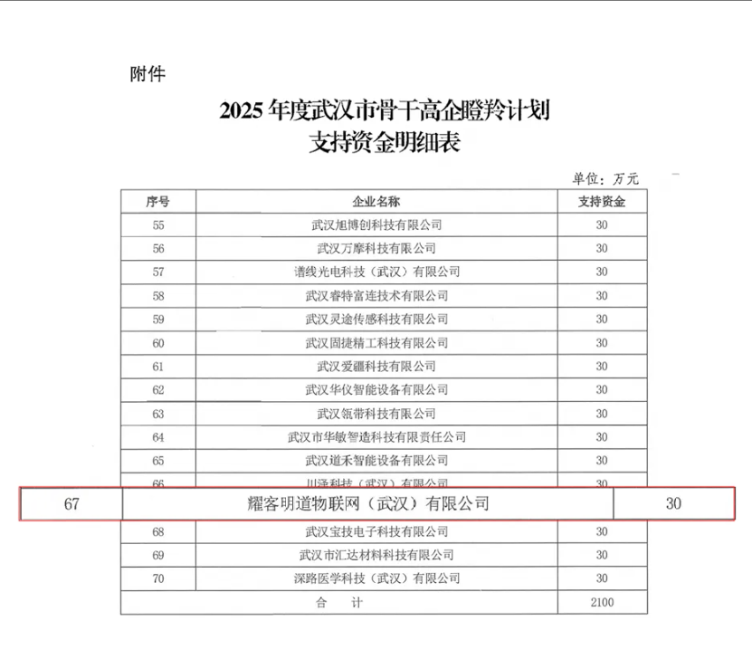 耀客物聯入選武漢市骨干高企瞪羚計劃,科技創新實力再獲認可