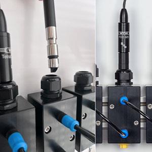 左：將帶傳感器蓋的 FDO 925 安裝到前面;右：安裝帶墊片的 FDO 925®®